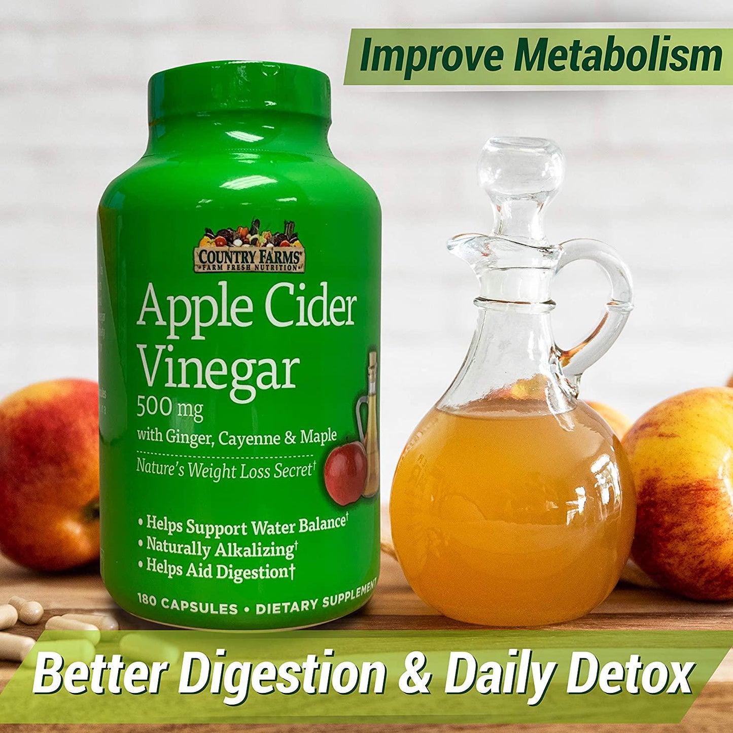 Country Farms Apple Cider Vinegar Gummies Helps Support Water Balance, Naturally Alkalizing, 180 Capsules, 180 Count