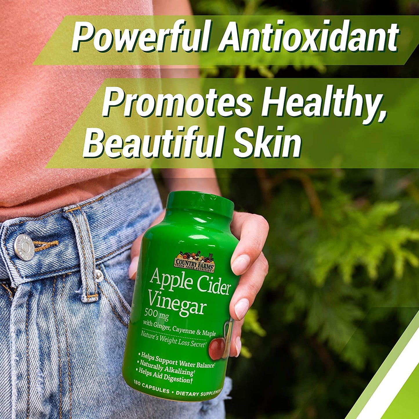 Country Farms Apple Cider Vinegar Gummies Helps Support Water Balance, Naturally Alkalizing, 180 Capsules, 180 Count