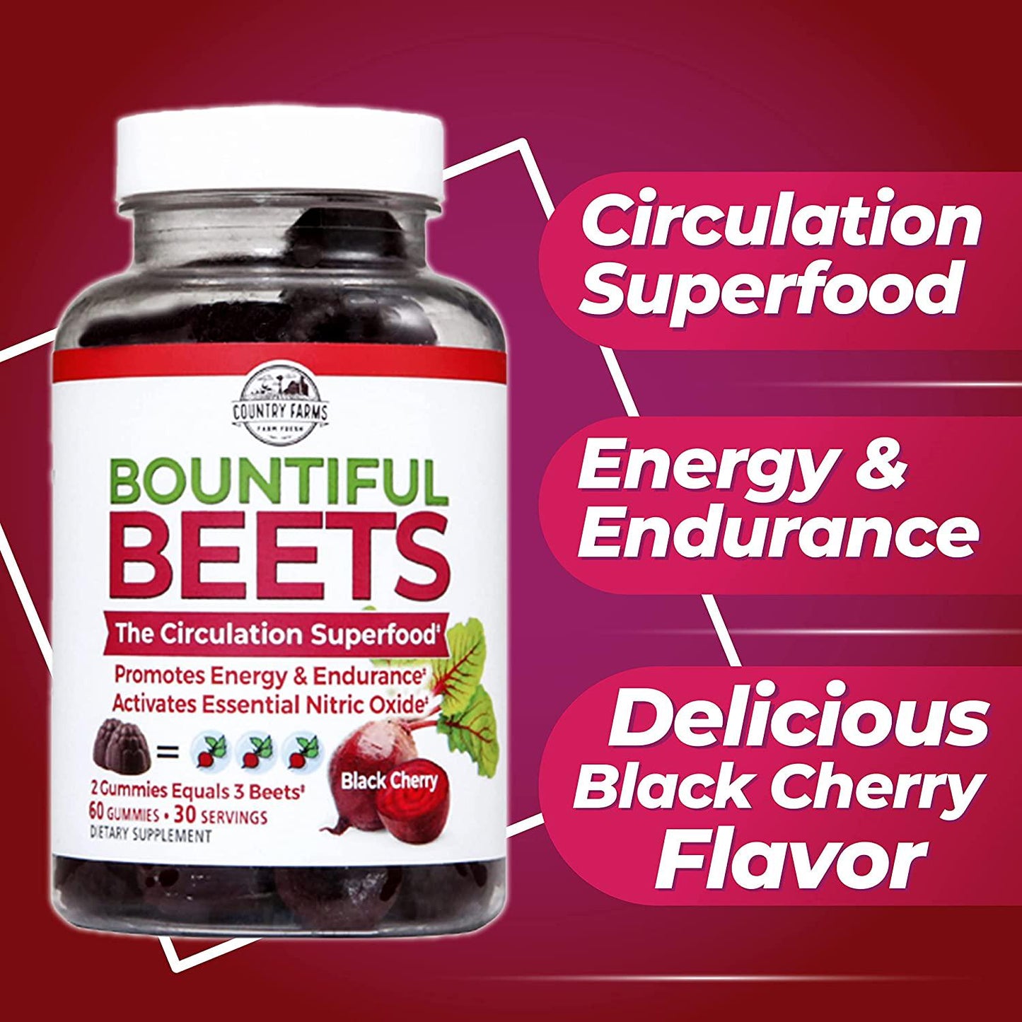 Country Farms Bountiful Beets Gummies, Circulation Superfood, Promotes Energy and Endurance, 30 Servings, White, 60 Count