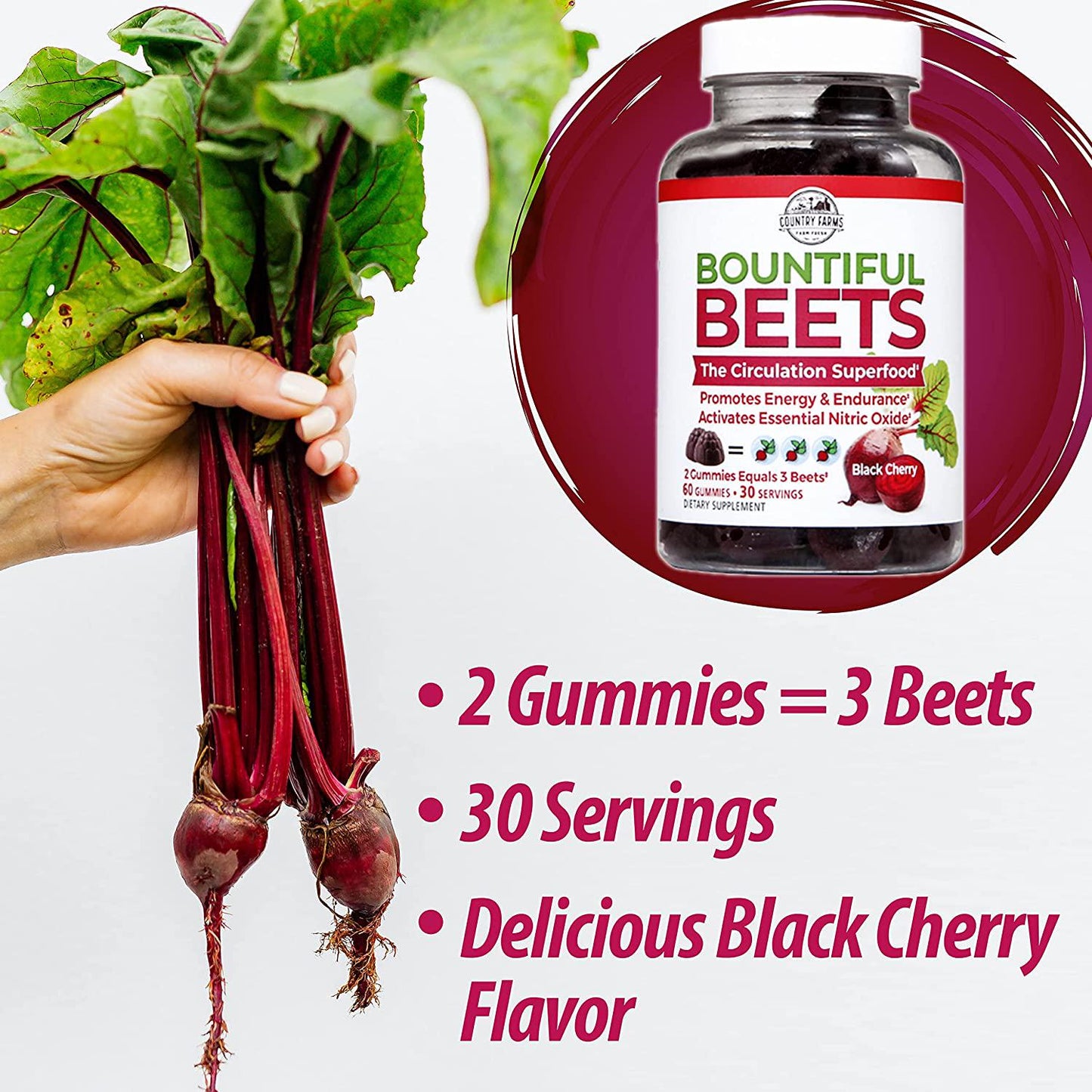 Country Farms Bountiful Beets Gummies, Circulation Superfood, Promotes Energy and Endurance, 30 Servings, White, 60 Count