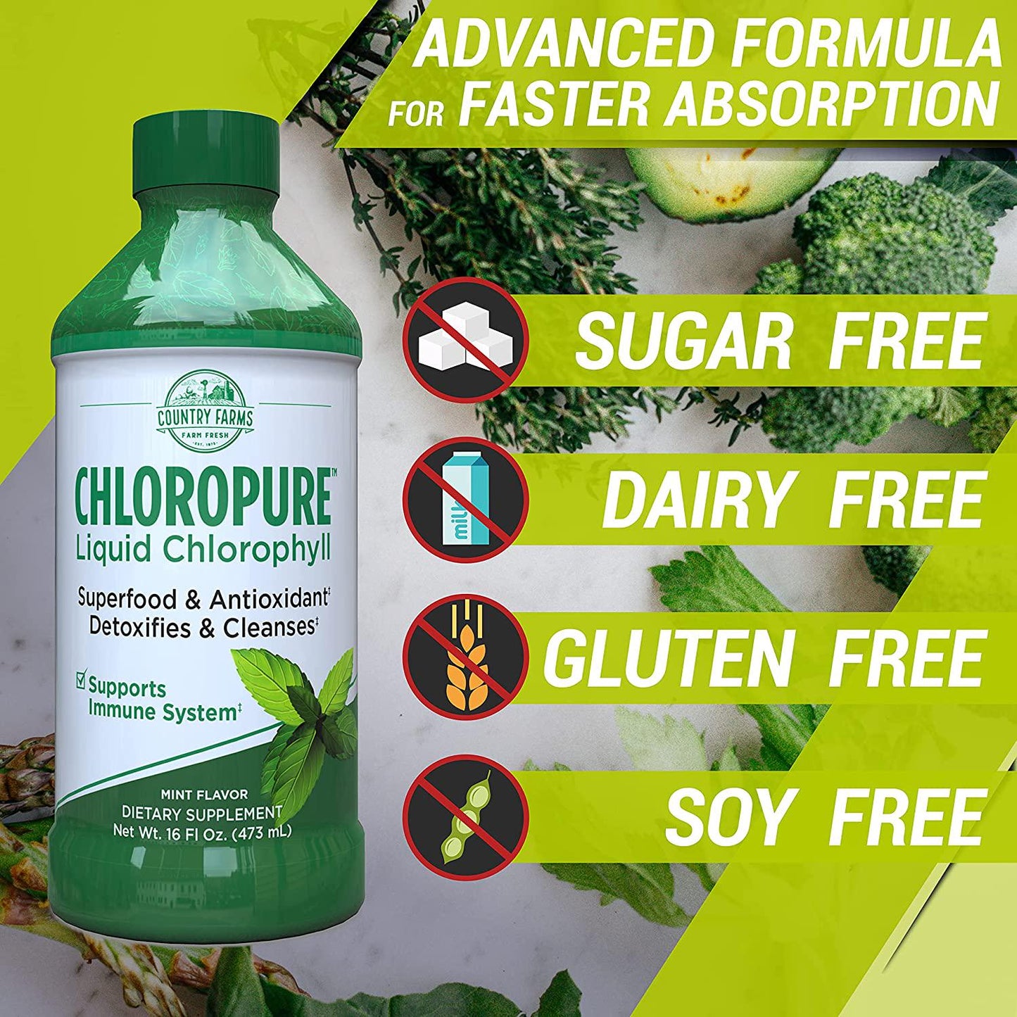 Country Farms Chloropure Liquid Chlorophyll, Superfood and Antioxidant, Mint Flavor, 16 Fl Ounce, 16 Servings