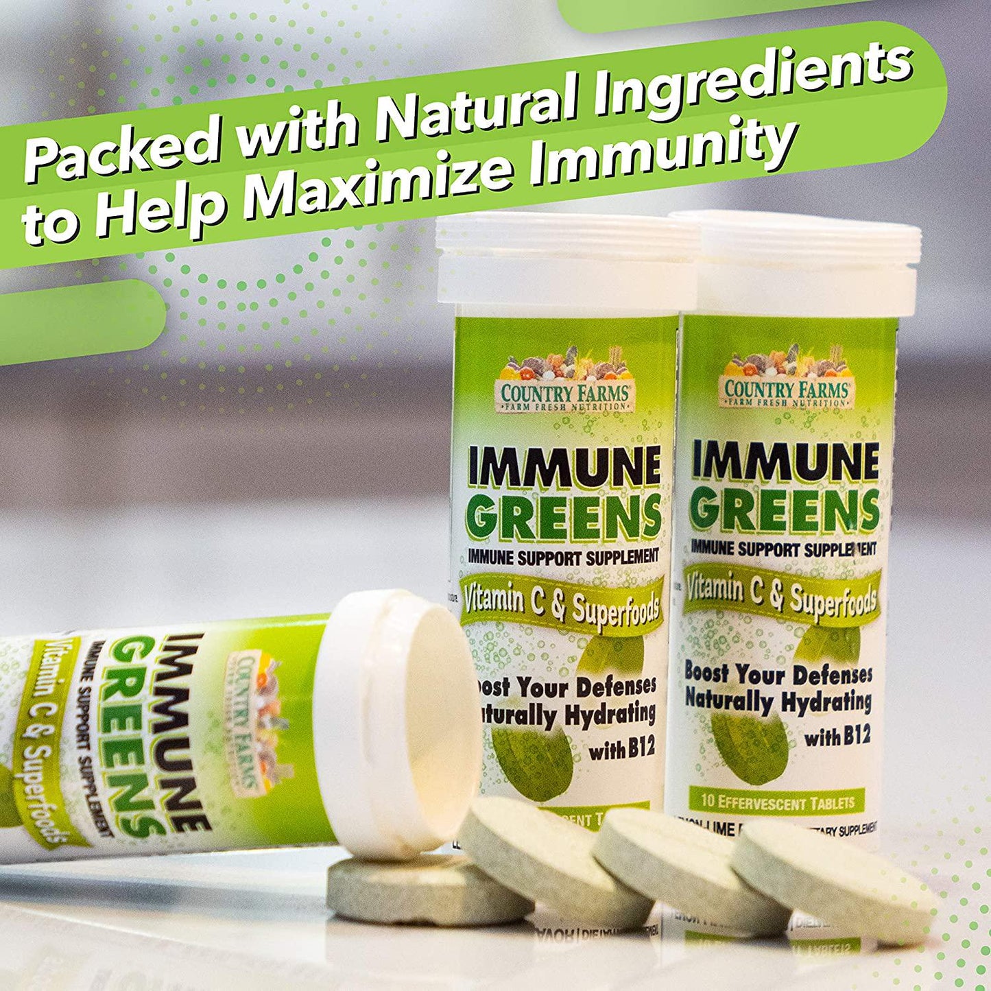 Country Farms Immune Greens, Vitamin C and Superfoods, 10 Servings, (Pack Of 12), 12 Count