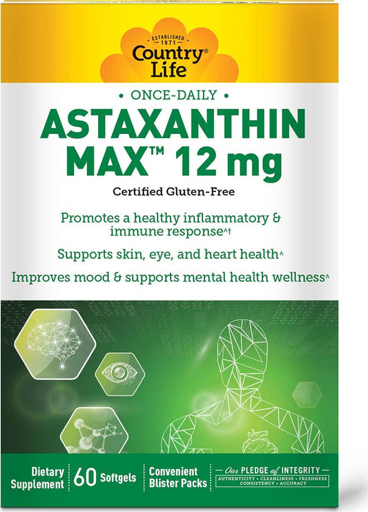Country Life Astaxanthin MAX ,12mg Natural Astaxanthin Once Daily Convenient blister packs - Promotes Healthy Inflammatory and Immune response Supports skin, eye, heart, and mental health 60 servings