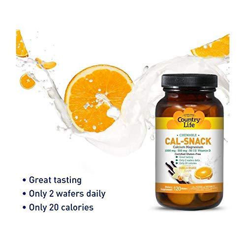 Country Life Cal-Snack Chewable Calcium With Magnesium 1000mg:500mg:50 I.U.Vitamin D(milk free)(vinilla orange flavor), 120-Wafers