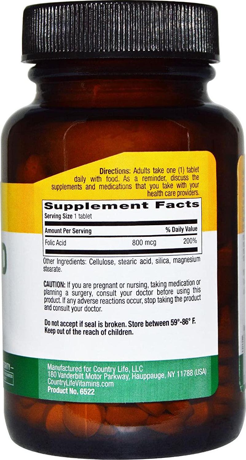Country Life Folic Acid - 800 mcg - 250 Tablets