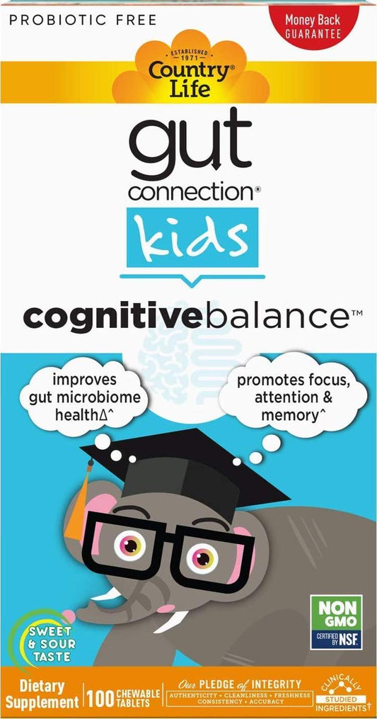Country Life, Gut Connection Kids – Cognitive Balance, Improves Gut Microbiome Health and Promotes Focus, Attention and Memory, 100 Chewable Tablets.