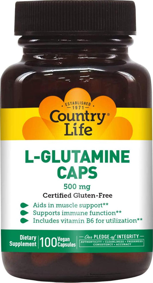 Country Life L-Glutamine Caps - 500 mg with Vitamin B6-100 Vegan Capsules - May Help Aid in Muscle Support - Promotes Immune Function Support - Gluten-Free