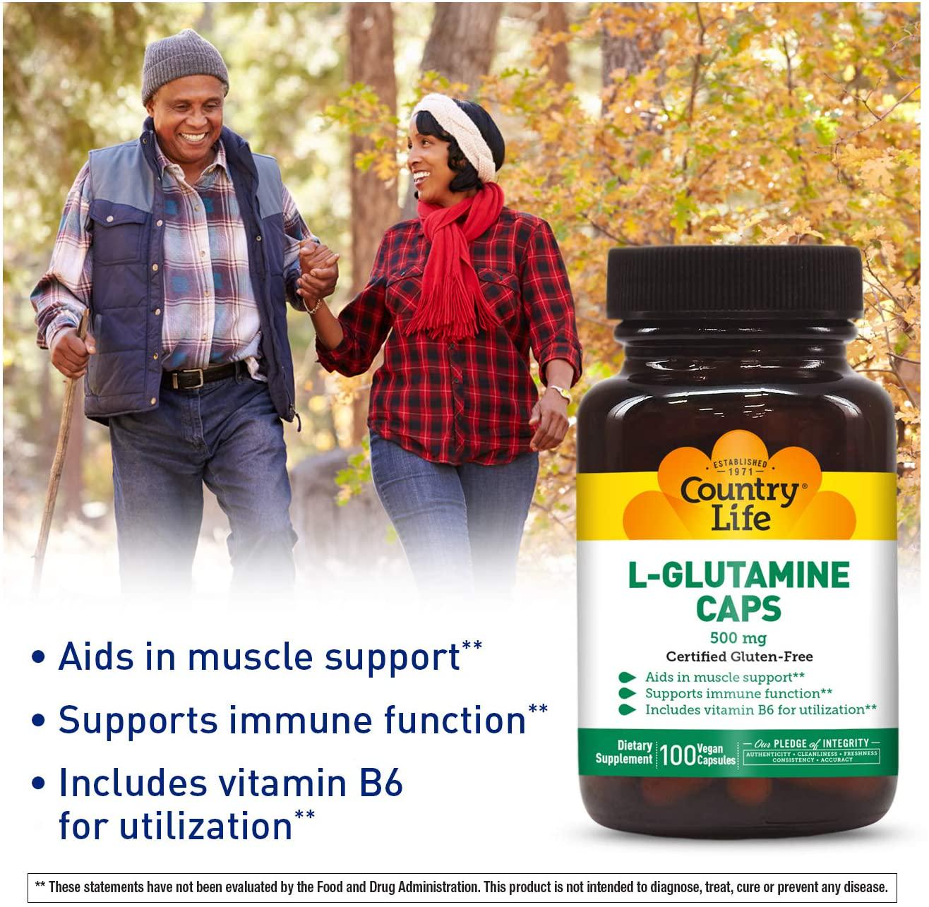 Country Life L-Glutamine Caps - 500 mg with Vitamin B6-100 Vegan Capsules - May Help Aid in Muscle Support - Promotes Immune Function Support - Gluten-Free
