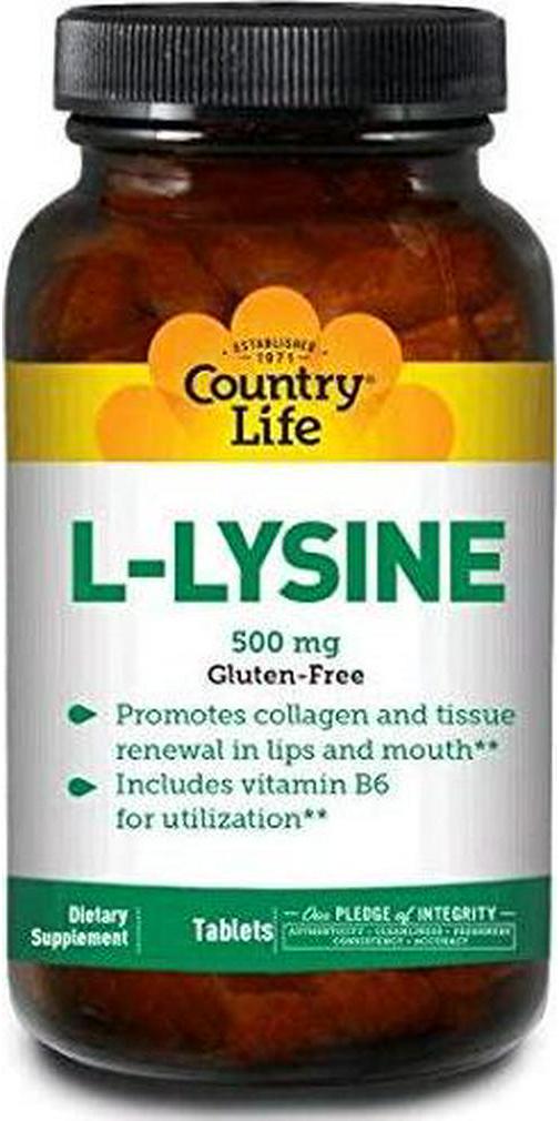 Country Life L-Lysine 500 mg with Vitamin B6 - 100 Tablets - Promotes Collagen and Tissue Renewal - Aids Utilization - Gluten-Free