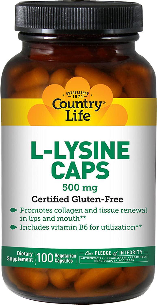 Country Life L-Lysine 500mg with B-6, Supports Immune Health, Promotes Collagen Renewal in Lips and Mouth, 100 Vegan Capsules, Certified Gluten Free, Certified Vegan