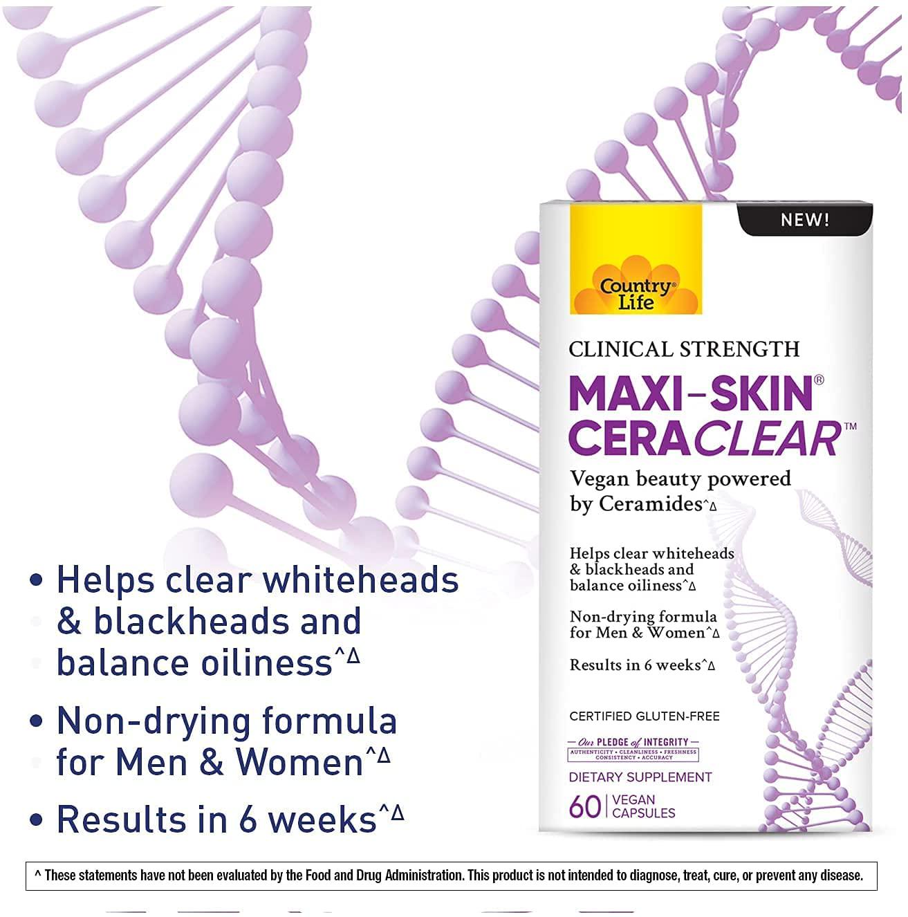 Country Life Maxi-Skin CeraClear Vegan Ceramides Clinical Strength - Helps Clear Whiteheads and blackheads Results in 6 Weeks*