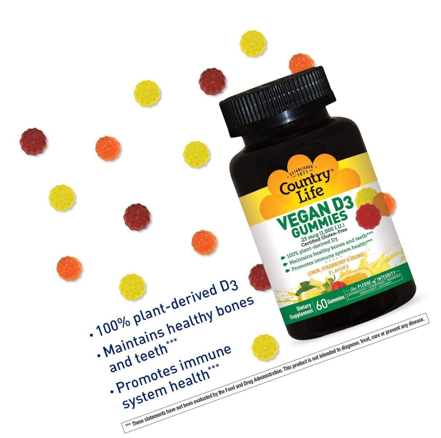 Country Life - Vitamin D3 Vegan Gummies Lemon, Strawberry and Orange 1000 IU - 60 Gummies