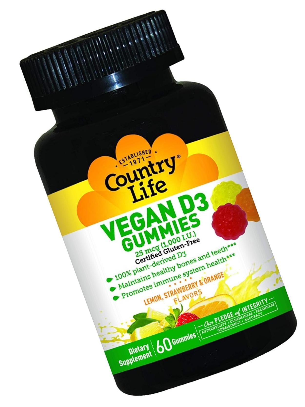Country Life - Vitamin D3 Vegan Gummies Lemon, Strawberry and Orange 1000 IU - 60 Gummies