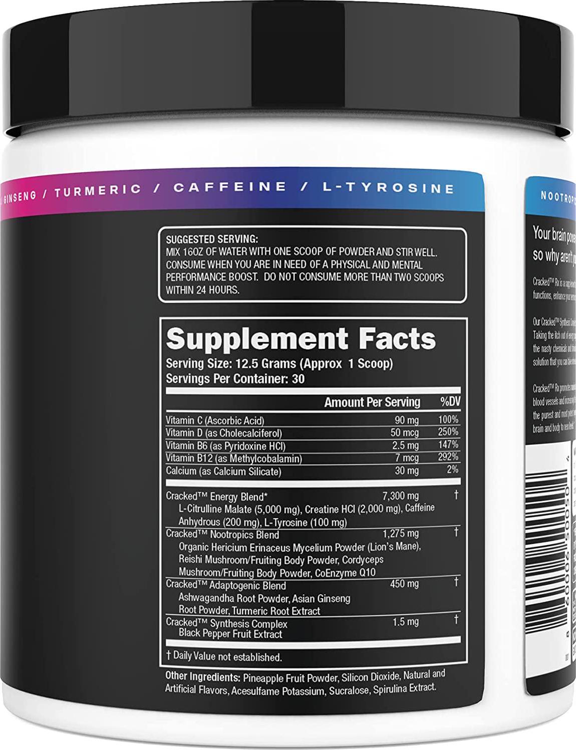 Cracked Rx Nootropic Energy Focus Endurance Powder Drink Without Beta Alanine Free no Itch Natural Pre-Workout (Fruiting Body Mushrooms, Ashwagandha, Creatine HCL, Vitamins and Dopamine Boost)