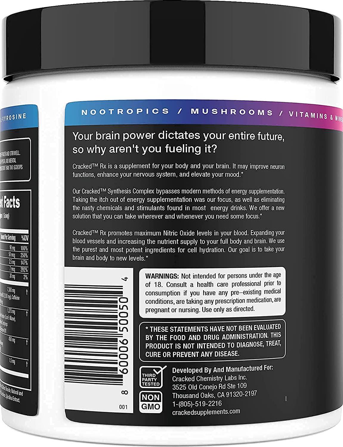 Cracked Rx Nootropic Energy Focus Endurance Powder Drink Without Beta Alanine Free no Itch Natural Pre-Workout (Fruiting Body Mushrooms, Ashwagandha, Creatine HCL, Vitamins and Dopamine Boost)