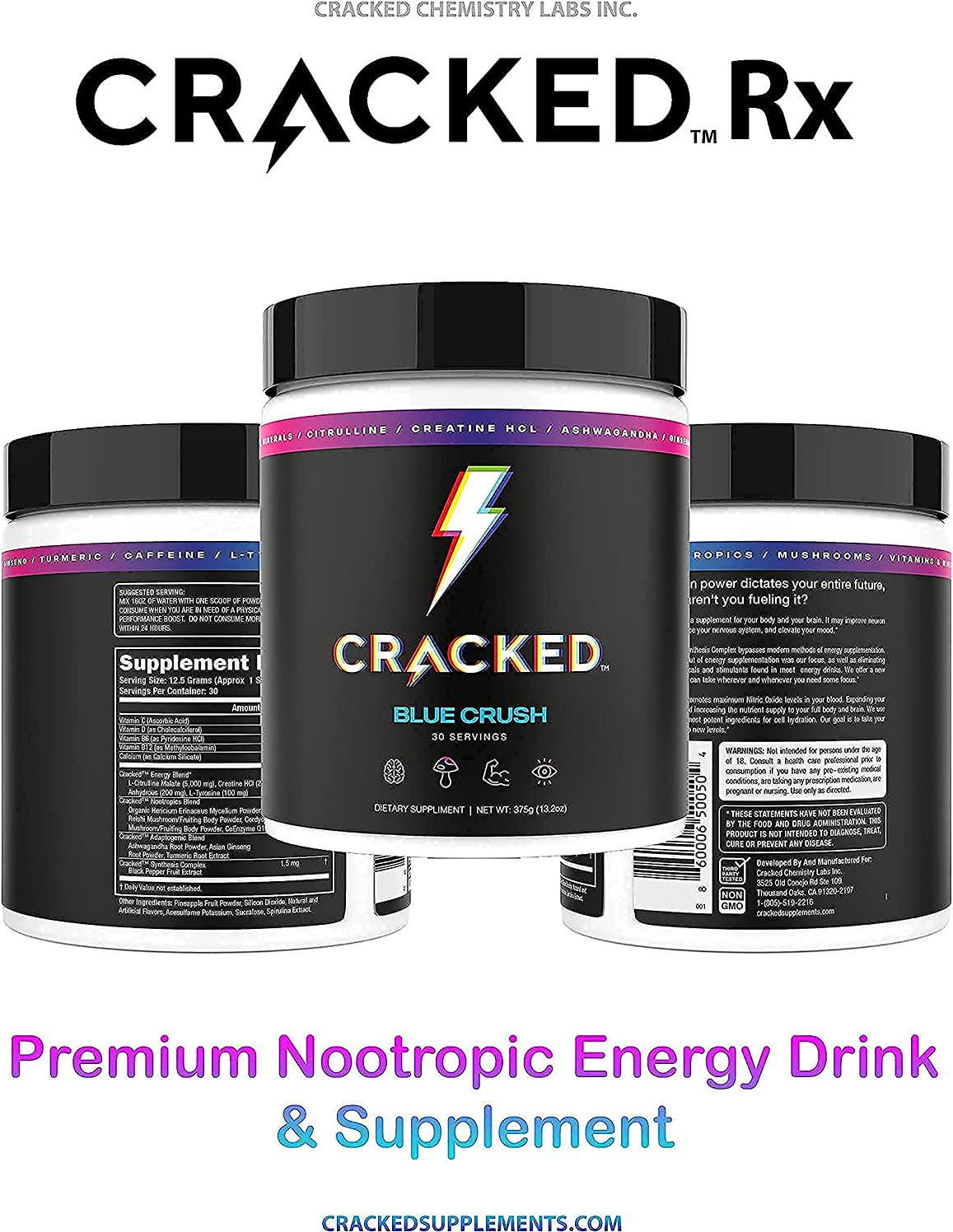 Cracked Rx Nootropic Energy Focus Endurance Powder Drink Without Beta Alanine Free no Itch Natural Pre-Workout (Fruiting Body Mushrooms, Ashwagandha, Creatine HCL, Vitamins and Dopamine Boost)