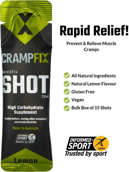 CrampFix Sports Shot, Prevents and Relieves Muscle Cramps in Seconds, Easy Carry Sachets, 15 Pack, All Natural, Lemon