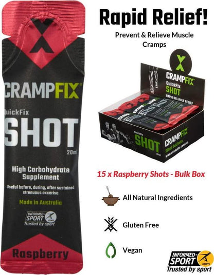 CrampFix Sports Shot, Prevents and Relieves Muscle Cramps in Seconds, Easy Carry Sachets, 15 Pack, All Natural, Raspberry