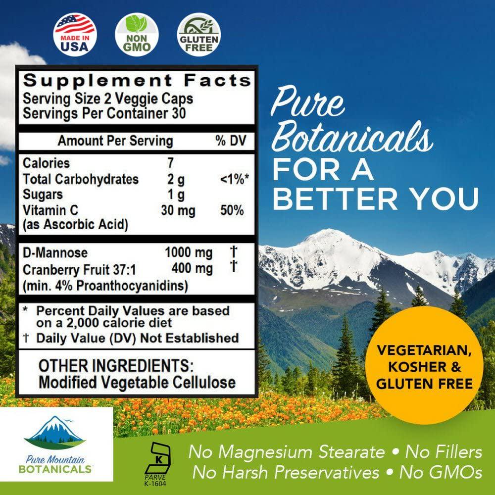 Cranberry D Mannose Capsules - 60 Kosher Vegan Caps - 1000mg D Mannose with Cranberry Concentrate Plus Vitamin C
