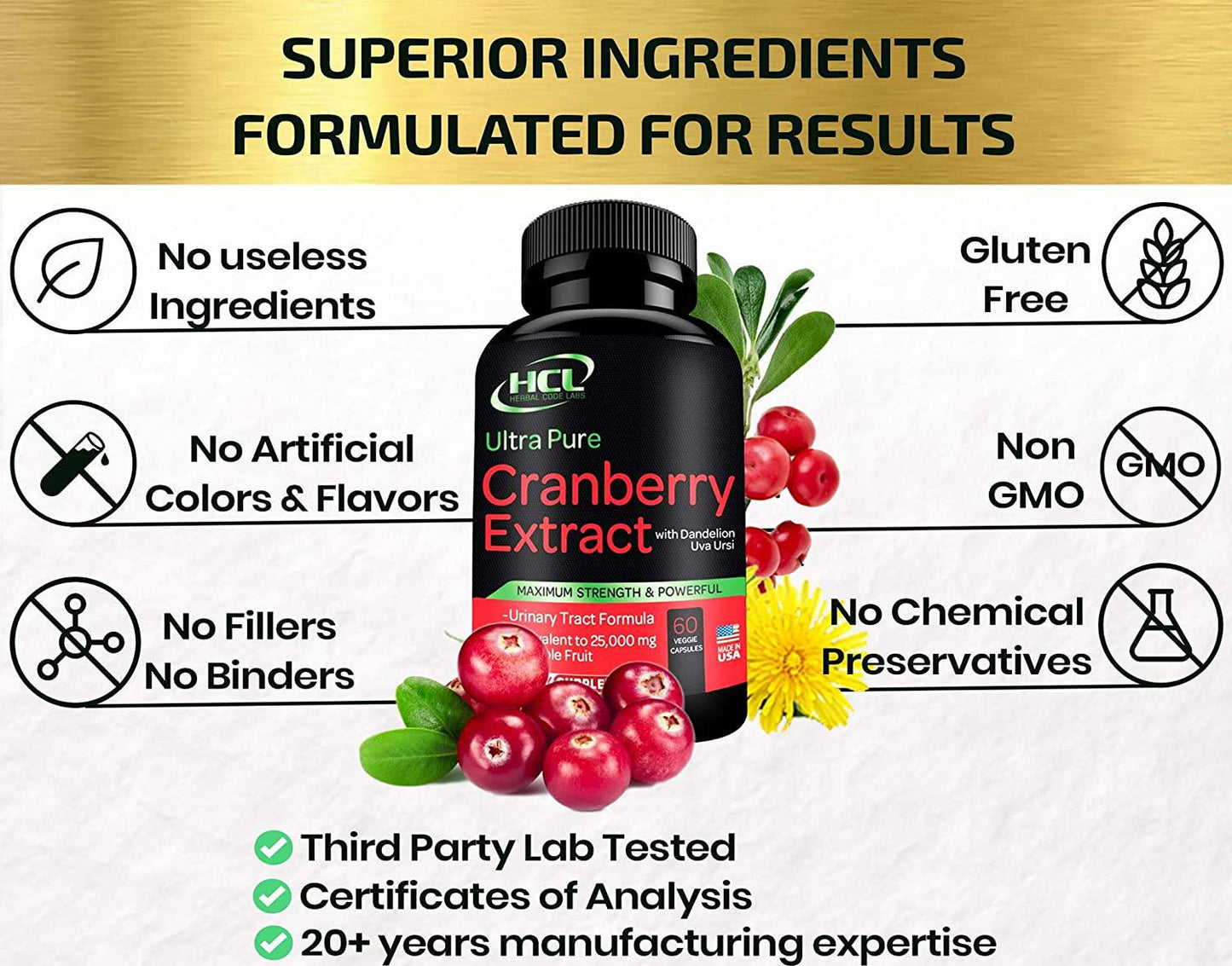 Cranberry Extract Pills - Super Strength 50:1 Whole Fruit Concentrate Equals to 25,000mg of Fresh Cranberries Plus Dandelion and Uva Ursi - Natural UTI Support - Kidney Cleanse and Urinary Tract Health