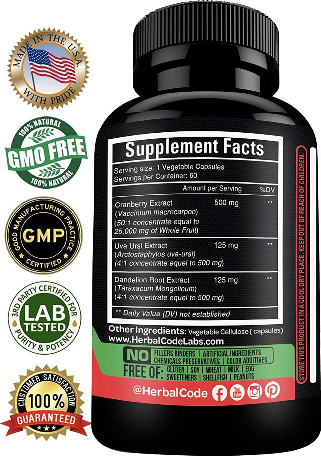 Cranberry Extract Pills - Super Strength 50:1 Whole Fruit Concentrate Equals to 25,000mg of Fresh Cranberries Plus Dandelion and Uva Ursi - Natural UTI Support - Kidney Cleanse and Urinary Tract Health