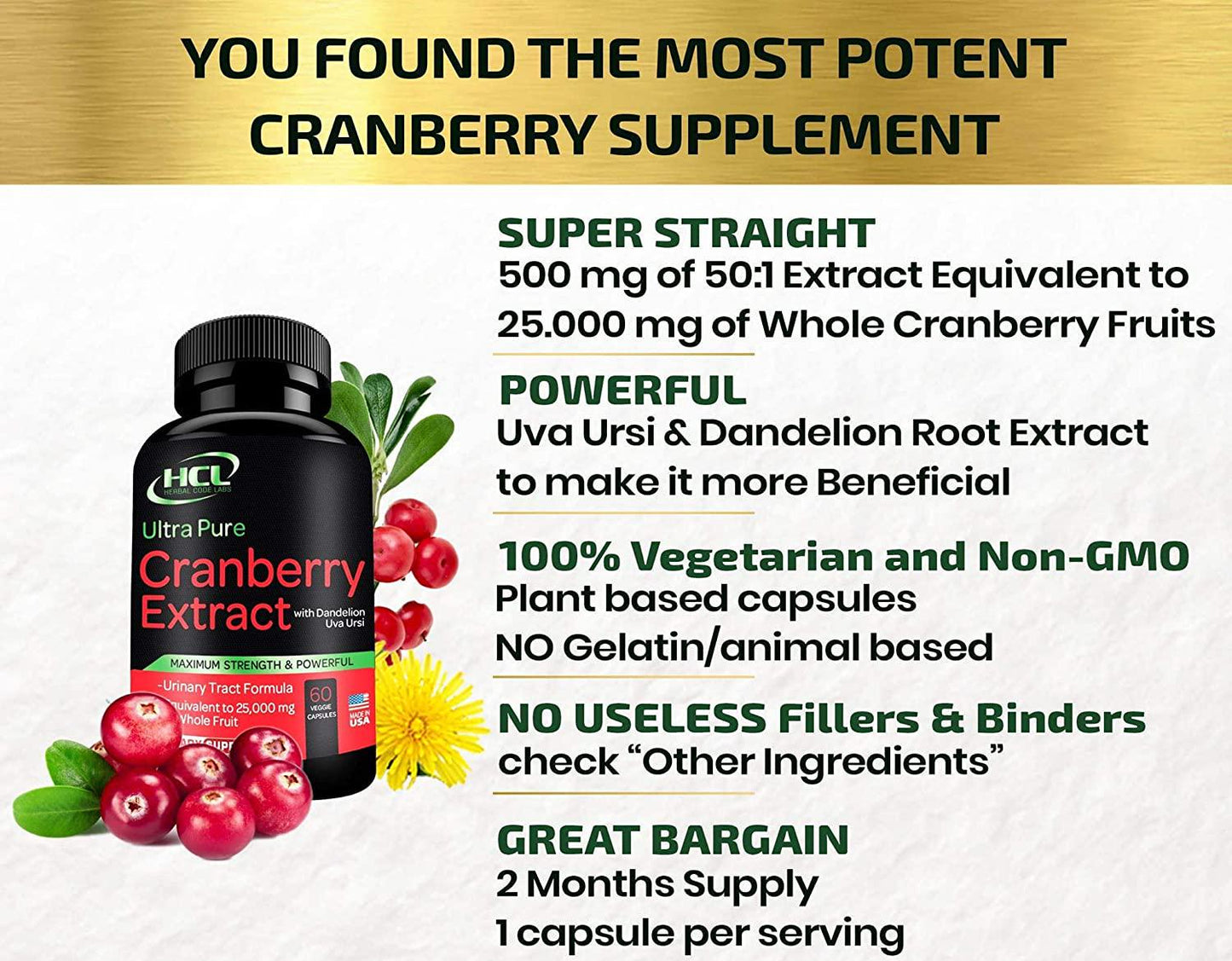 Cranberry Extract Pills - Super Strength 50:1 Whole Fruit Concentrate Equals to 25,000mg of Fresh Cranberries Plus Dandelion and Uva Ursi - Natural UTI Support - Kidney Cleanse and Urinary Tract Health