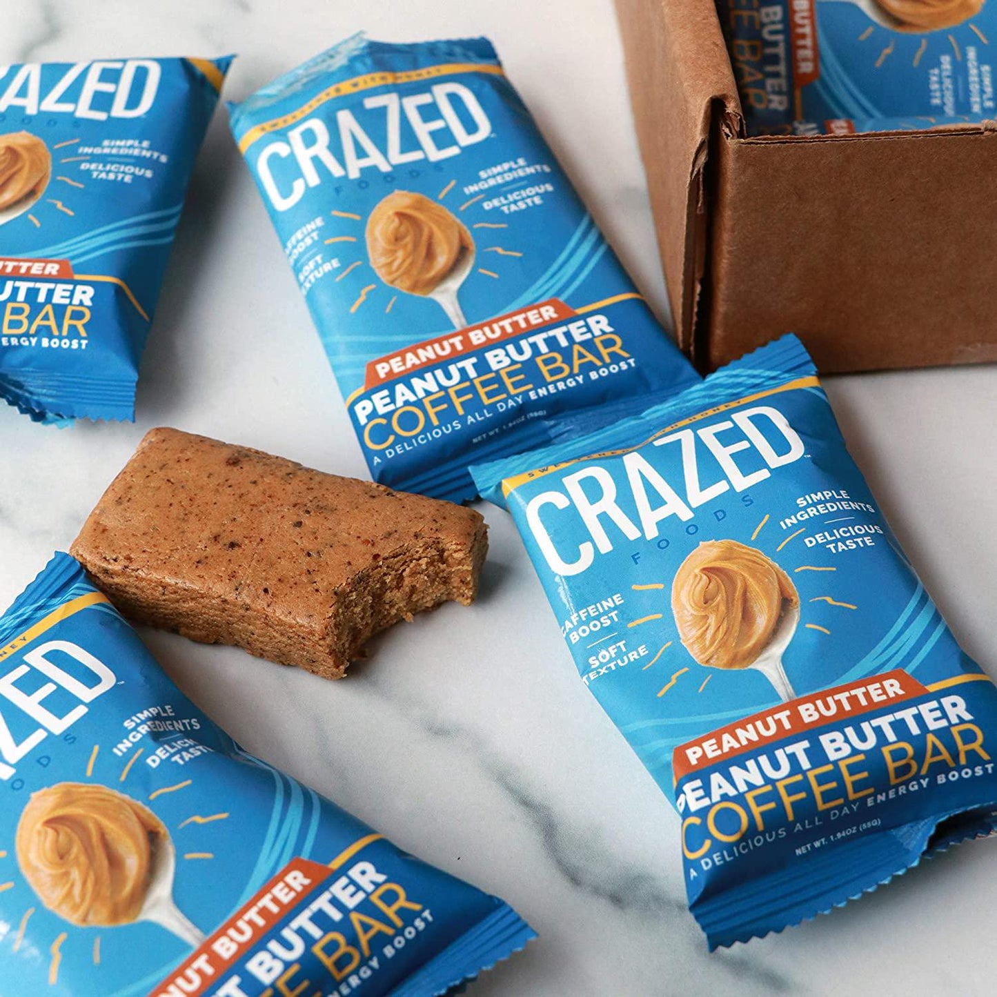 Crazed Foods, Peanut Butter Coffee Energy Bar, Simple Ingredients, Caffeine Boost, Soft Texture, 16g of Protein,12 Bars