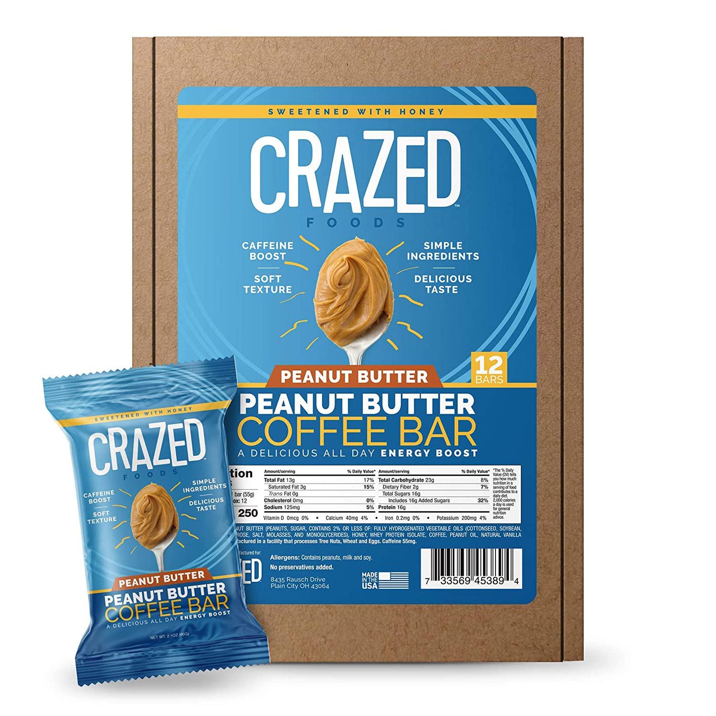 Crazed Foods, Peanut Butter Coffee Energy Bar, Simple Ingredients, Caffeine Boost, Soft Texture, 16g of Protein,12 Bars