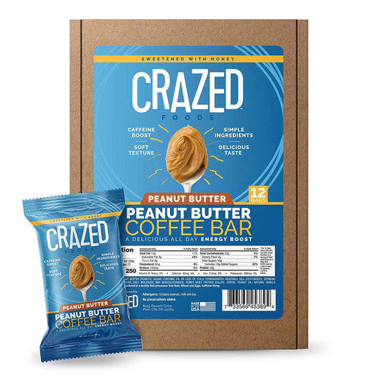 Crazed Foods, Peanut Butter Coffee Energy Bar, Simple Ingredients, Caffeine Boost, Soft Texture, 16g of Protein,12 Bars
