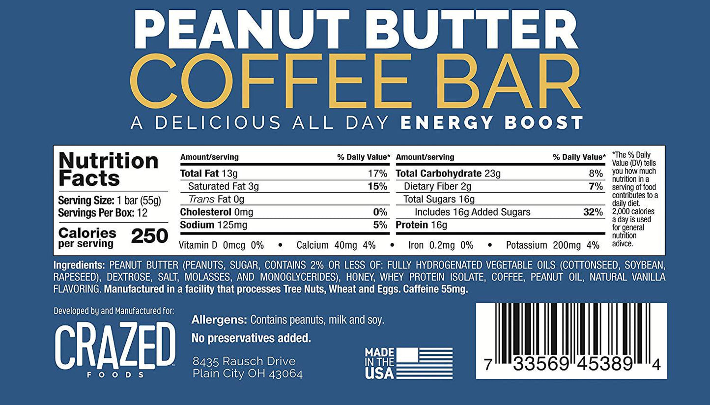 Crazed Foods, Peanut Butter Coffee Energy Bar, Simple Ingredients, Caffeine Boost, Soft Texture, 16g of Protein,12 Bars