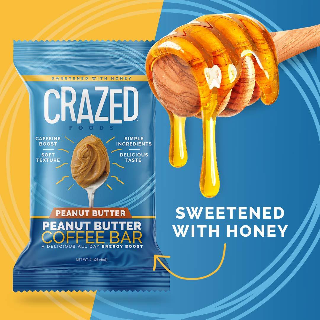 Crazed Foods, Peanut Butter Coffee Energy Bar, Simple Ingredients, Caffeine Boost, Soft Texture, 16g of Protein,12 Bars