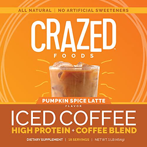 Crazed Foods Protein Iced Coffee, All Natural, No Artificial Sweeteners, Simple Ingredients, Keto, Gluten Free, Whey Protein Concentrate (18 Servings) (Pumpkin Spice)
