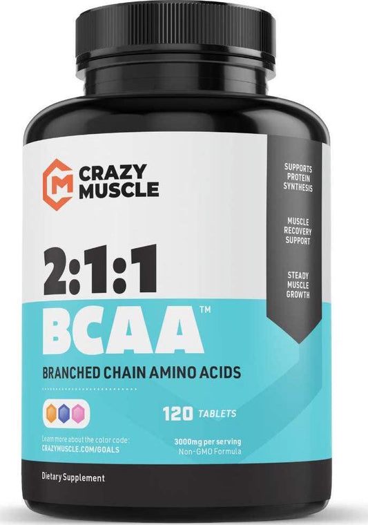 Crazy Muscle BCAA Capsules (1000mg) Pre and Post Workout Supplement with Essential Branched Chain Amino Acids, Improve Muscle Recovery, Boost Energy (120 Pills)