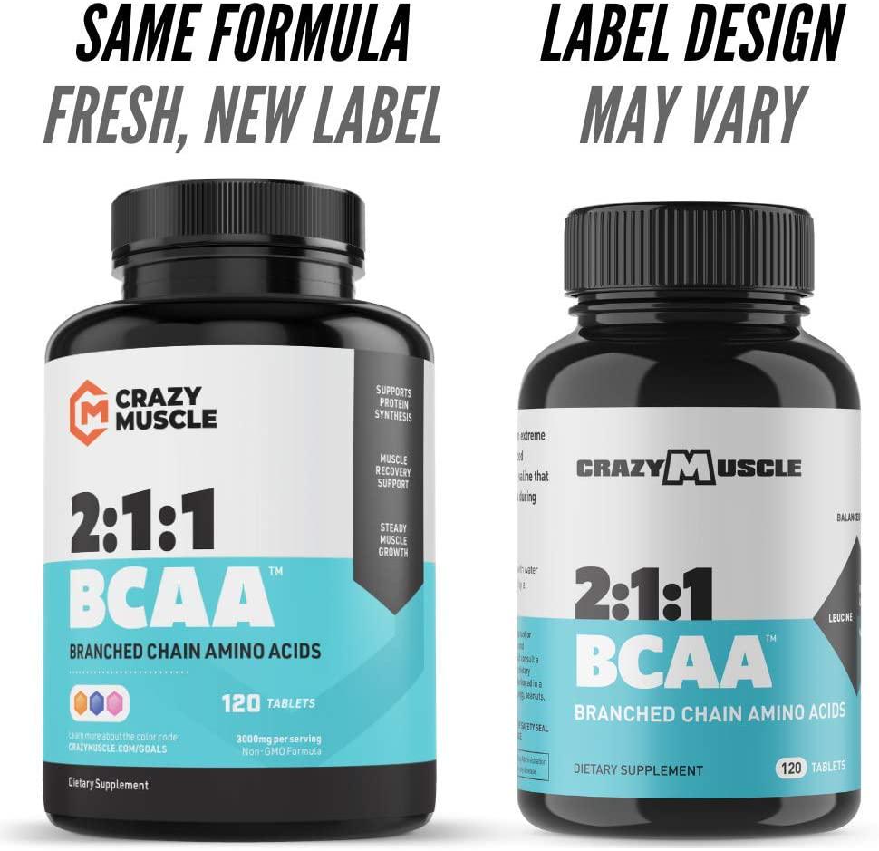 Crazy Muscle BCAA Capsules (1000mg) Pre and Post Workout Supplement with Essential Branched Chain Amino Acids, Improve Muscle Recovery, Boost Energy (120 Pills)