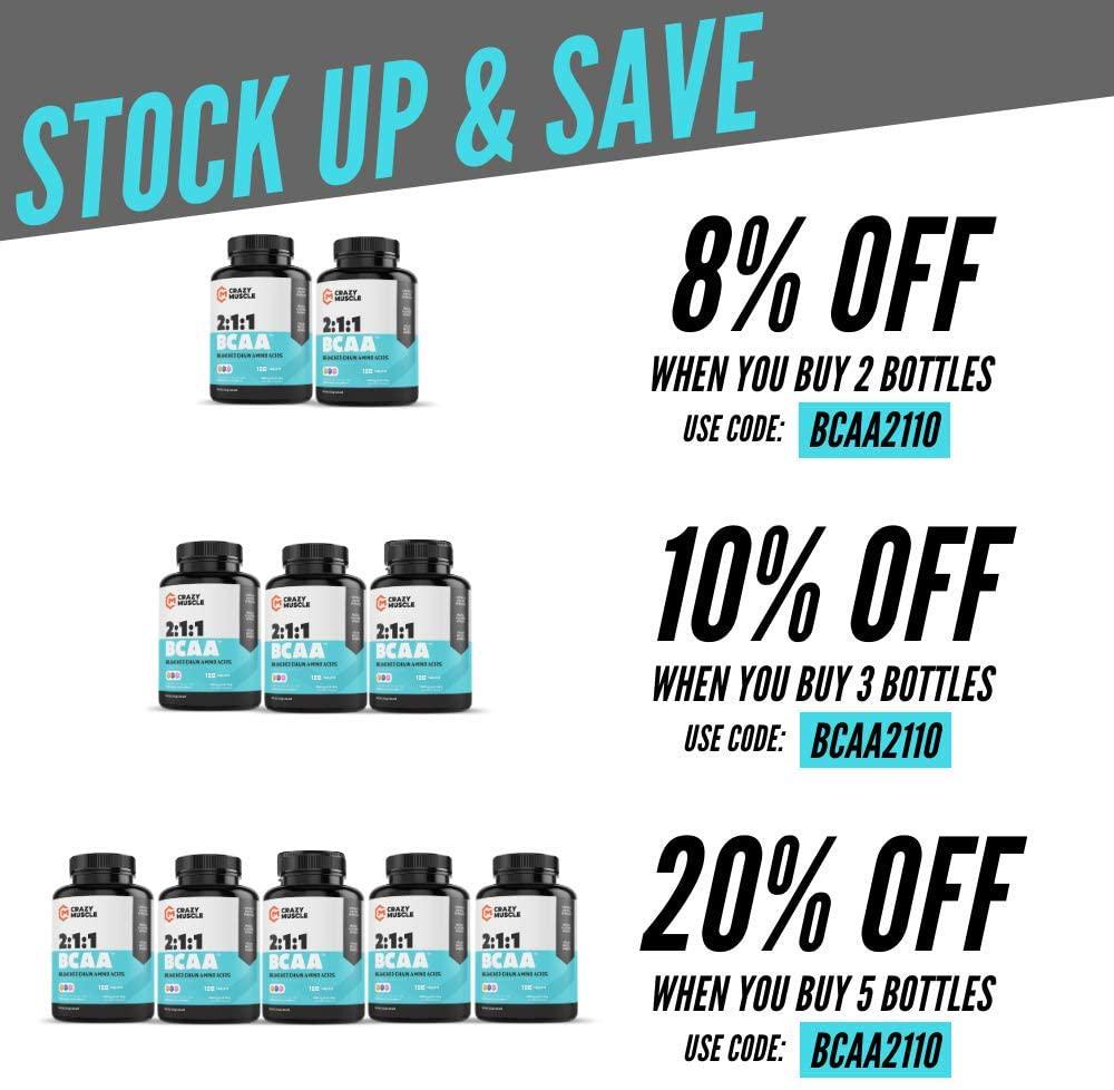 Crazy Muscle BCAA Capsules (1000mg) Pre and Post Workout Supplement with Essential Branched Chain Amino Acids, Improve Muscle Recovery, Boost Energy (120 Pills)