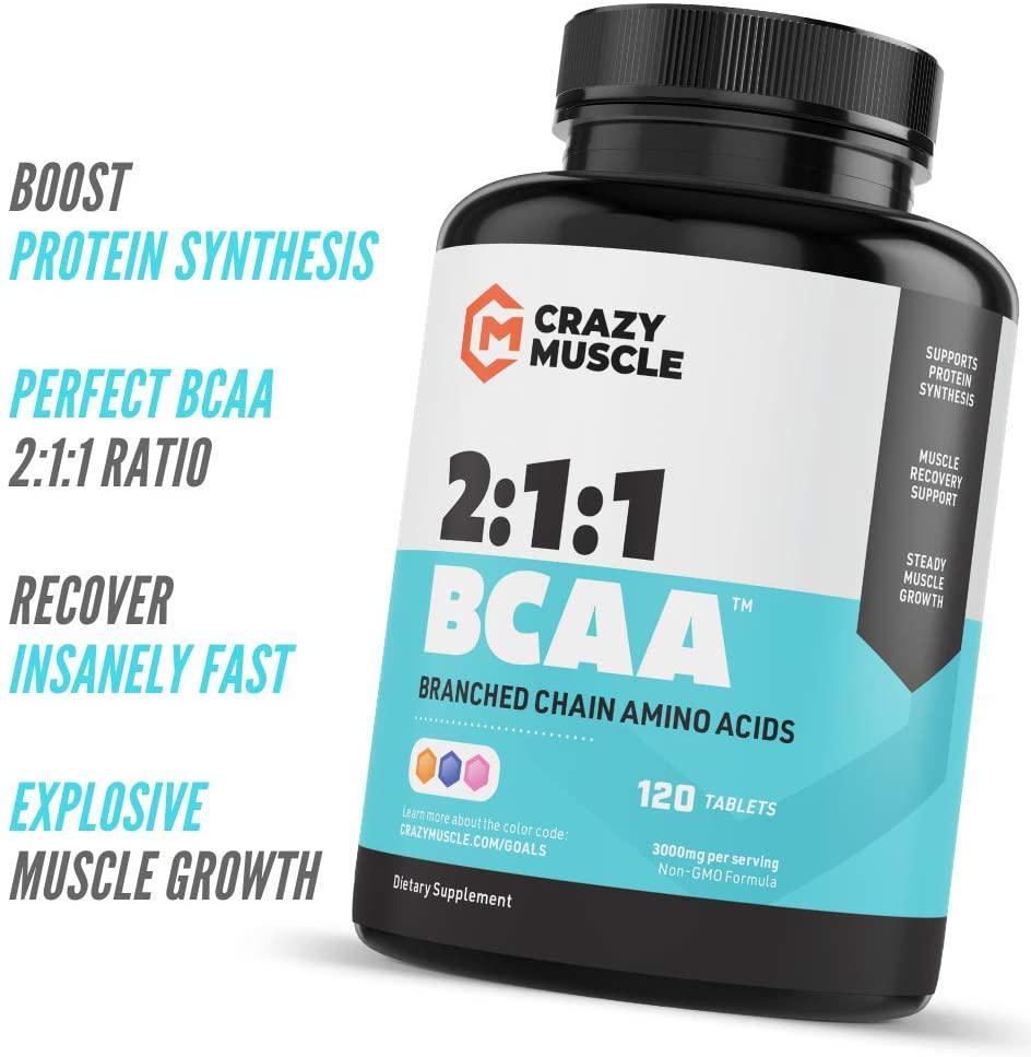 Crazy Muscle BCAA Capsules (1000mg) Pre and Post Workout Supplement with Essential Branched Chain Amino Acids, Improve Muscle Recovery, Boost Energy (120 Pills)