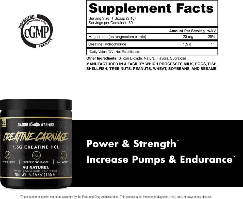 Creatine Carnage by Anabolic Warfare Creatine Powder to Help Build Lean Muscle and Aid Endurance and Stamina (Natural Flavor 50 Servings)