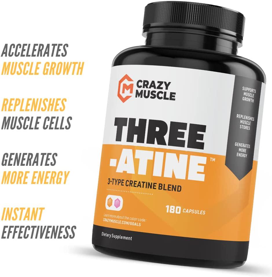 Creatine Monohydrate Capsules by Crazy Muscle - Easy to Swallow - High Absorption - Keto Friendly Three-Atine Blend for Muscle Endurance Growth and Repair - 5g of Creatine per Serving - 1 Month Supply