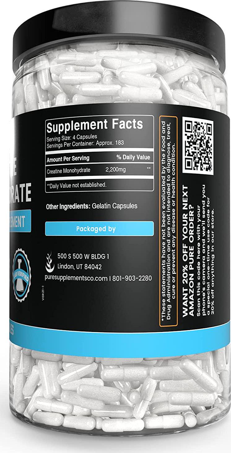 Creatine Monohydrate, 730 Capsules, 2 Month Supply, No Magnesium or Rice Filler, Gluten-Free, Potent, Made in US, 2200 mg Pure and Undiluted Creatine Monohydrate with No Additives