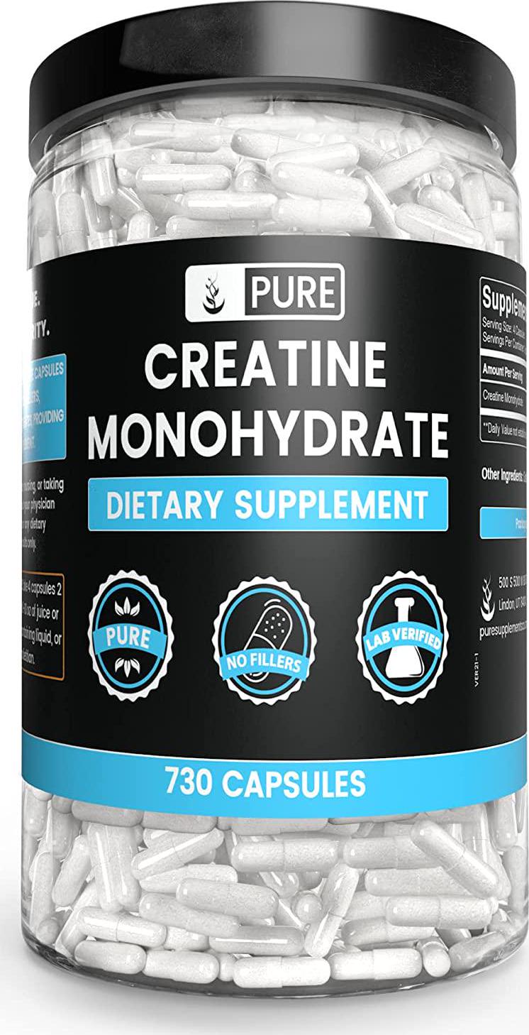 Creatine Monohydrate, 730 Capsules, 2 Month Supply, No Magnesium or Rice Filler, Gluten-Free, Potent, Made in US, 2200 mg Pure and Undiluted Creatine Monohydrate with No Additives