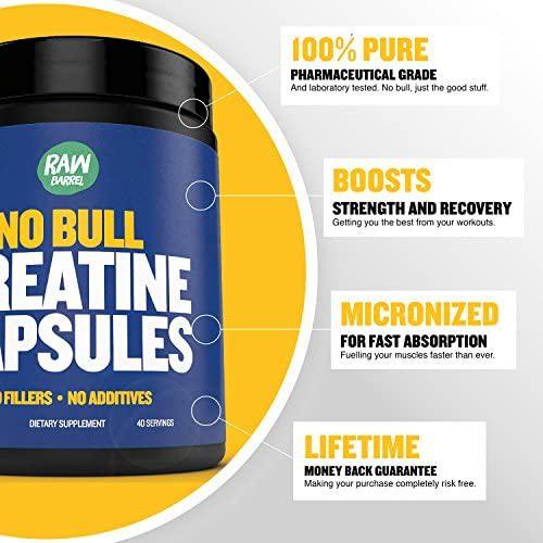 Creatine Monohydrate Capsules - Faster Recovery, Increase Muscle Volume, Strength, Power - Micronized for Fast Absorption - 4200 milligrams Pure Pharmaceutical Grade, 240 Capsules - Raw Barrel