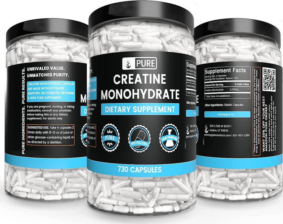 Creatine Monohydrate, 730 Capsules, 2 Month Supply, No Magnesium or Rice Filler, Gluten-Free, Potent, Made in US, 2200 mg Pure and Undiluted Creatine Monohydrate with No Additives