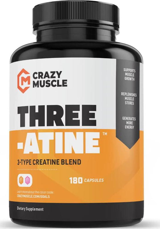 Creatine Monohydrate Capsules by Crazy Muscle - Easy to Swallow - High Absorption - Keto Friendly Three-Atine Blend for Muscle Endurance Growth and Repair - 5g of Creatine per Serving - 1 Month Supply
