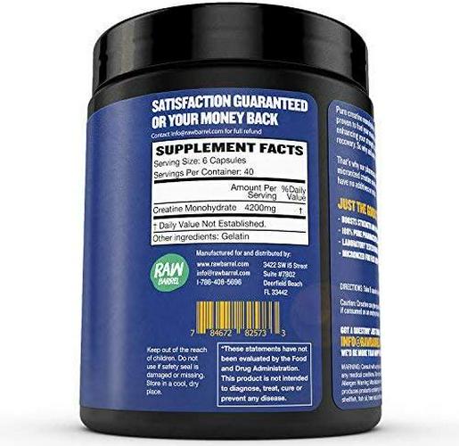 Creatine Monohydrate Capsules - Faster Recovery, Increase Muscle Volume, Strength, Power - Micronized for Fast Absorption - 4200 milligrams Pure Pharmaceutical Grade, 240 Capsules - Raw Barrel