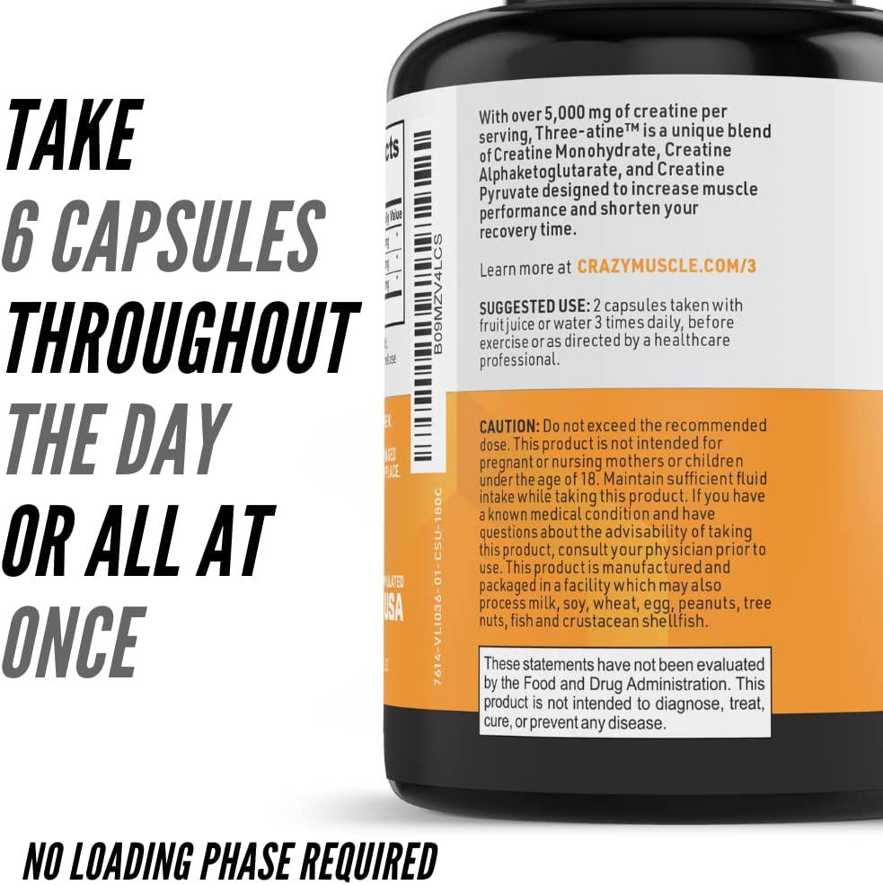 Creatine Monohydrate Capsules by Crazy Muscle - Easy to Swallow - High Absorption - Keto Friendly Three-Atine Blend for Muscle Endurance Growth and Repair - 5g of Creatine per Serving - 1 Month Supply