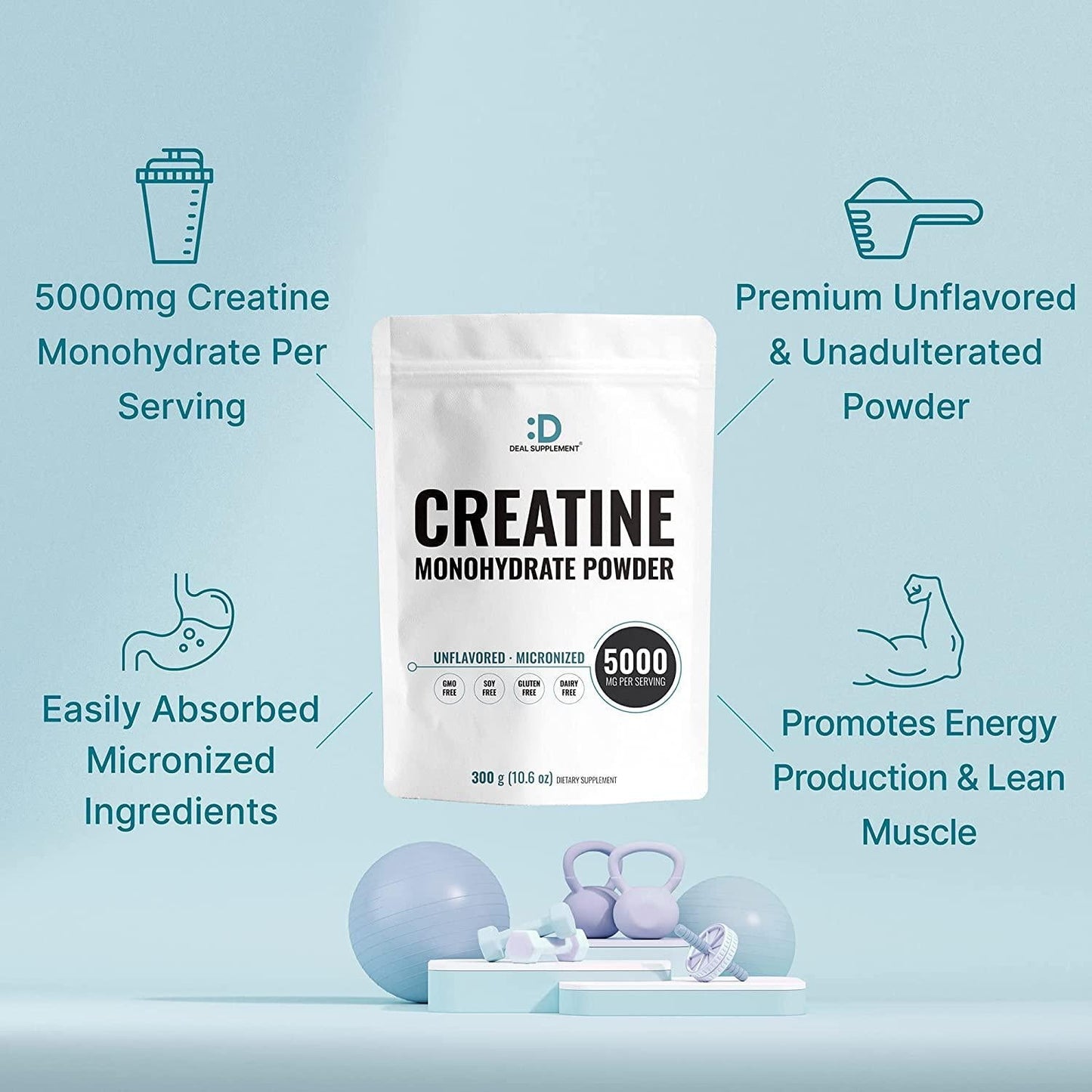 Creatine Monohydrate Powder 300 Grams (10.6oz), Unflavored | Pure | Micronized Creatine Powder, 5000mg(5g) Per Serving, 2 Month Supply, Vegan | Keto, Non-GMO, No Filler, No Additives - 60 Servings