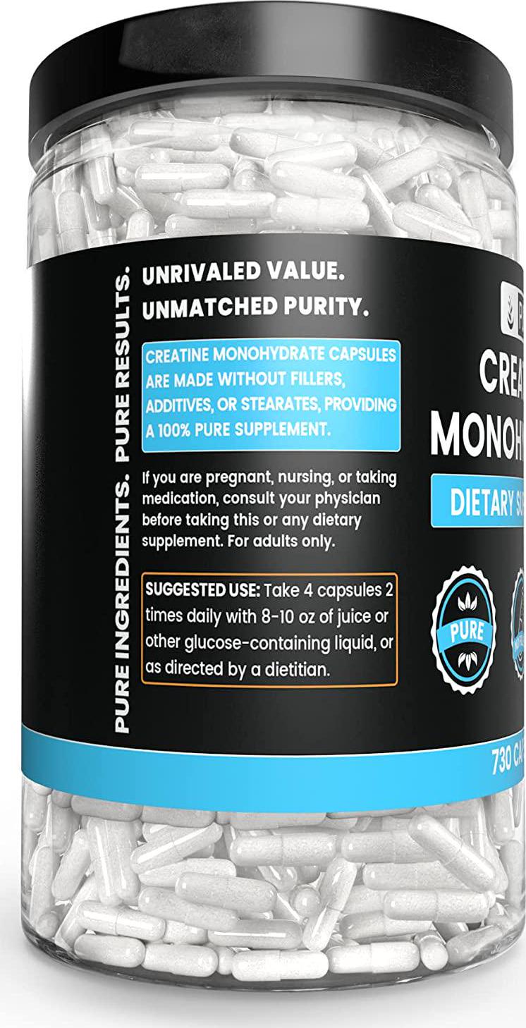 Creatine Monohydrate, 730 Capsules, 2 Month Supply, No Magnesium or Rice Filler, Gluten-Free, Potent, Made in US, 2200 mg Pure and Undiluted Creatine Monohydrate with No Additives