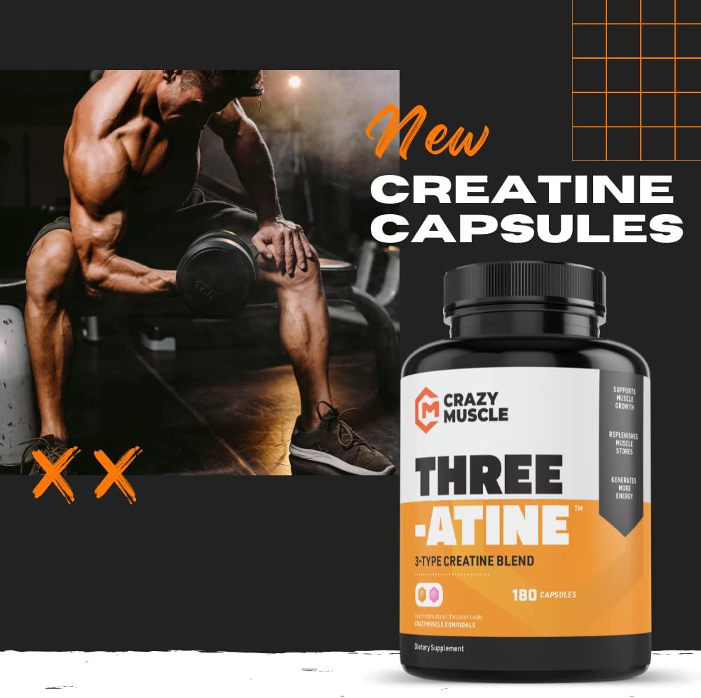 Creatine Monohydrate Capsules by Crazy Muscle - Easy to Swallow - High Absorption - Keto Friendly Three-Atine Blend for Muscle Endurance Growth and Repair - 5g of Creatine per Serving - 1 Month Supply