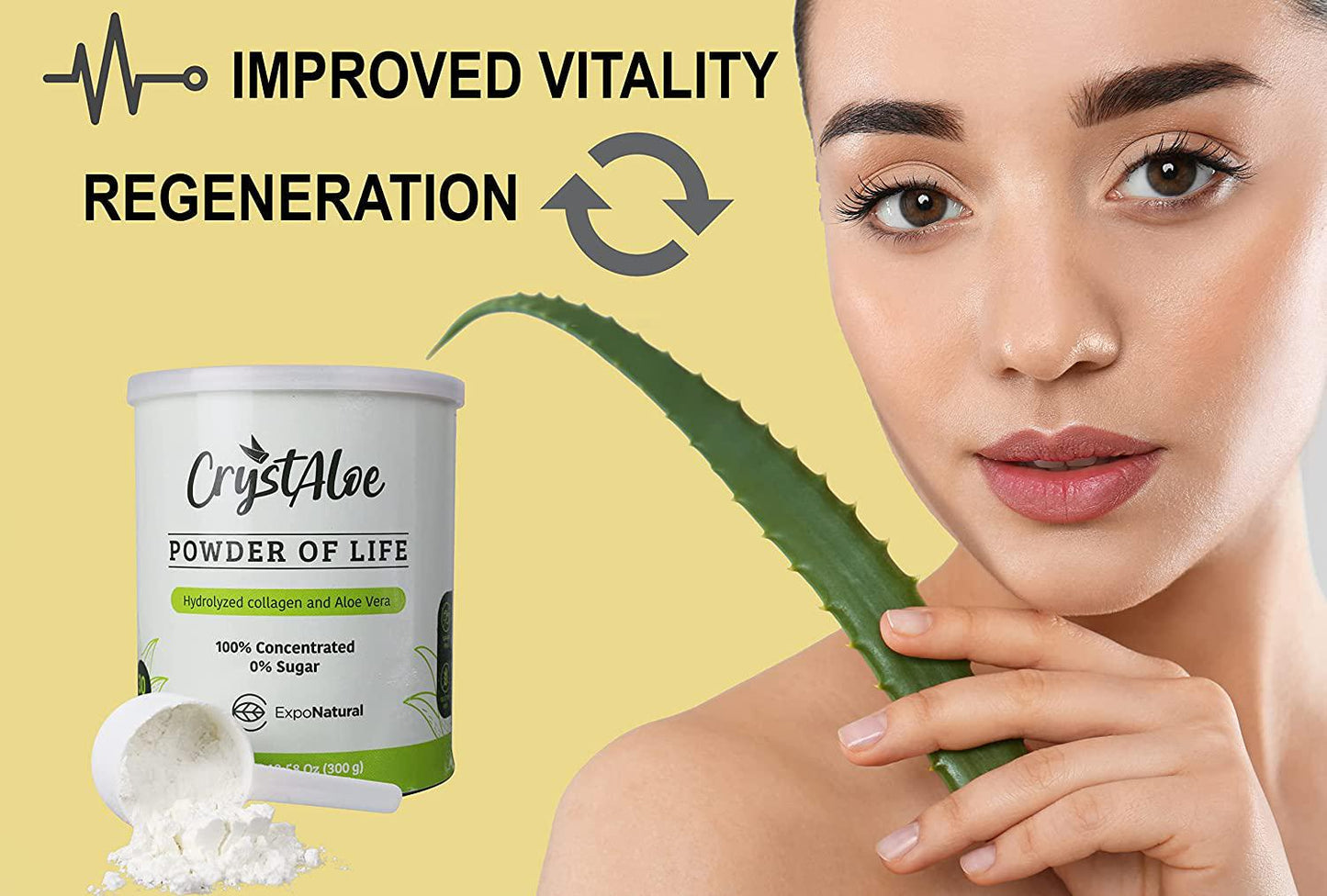 Crystaloe Powder of Life - Hydrolyzed Collagen and Aloe Vera, Sugar and Gluten Free, with Vitamin C, E, B, Biotin, Vanilla Flavor - 30 Servings