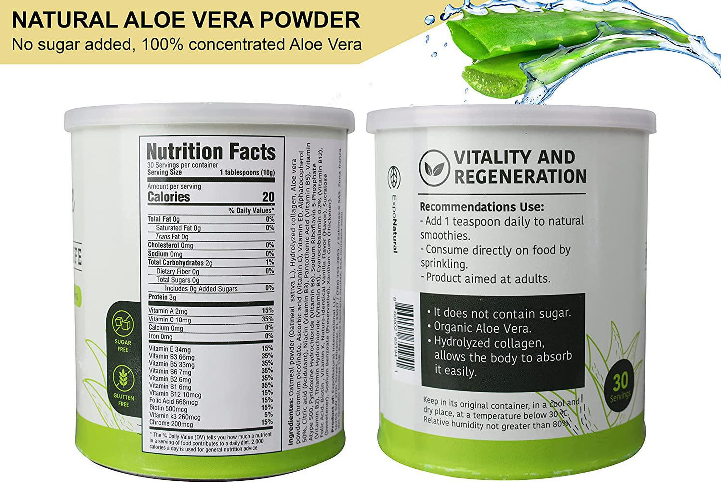 Crystaloe Powder of Life - Hydrolyzed Collagen and Aloe Vera, Sugar and Gluten Free, with Vitamin C, E, B, Biotin, Vanilla Flavor - 30 Servings